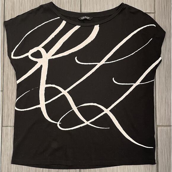 Lauren Ralph Lauren Black Label Boat Neck Short Sleeve Logo Script Shirt Large - Picture 1 of 7